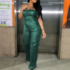 Off Shoulder PU Leather Skinny Jumpsuit GXBQ-1141834