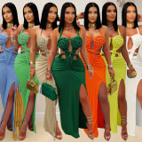 Knit Halterneck Backless Solid Color Maxi Dress BY-7407