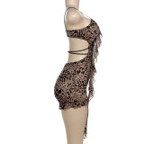 Print Hollow Out Tie Up Skinny Romper GXBQ- K24Q60762