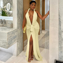 Backless Halterneck V Neck Split Maxi Dress GYME-K24D59428