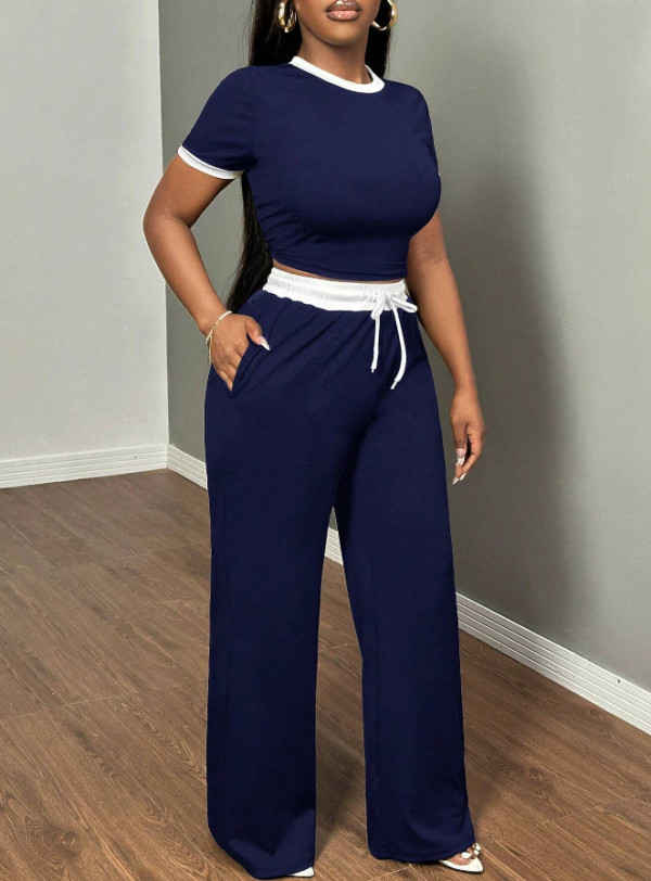 Short Sleeve Contrast Color Loose Two Piece Pants Set GYXF-6666
