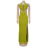 Knit Halterneck Backless Solid Color Maxi Dress BY-7407