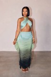 Gradient Print Wrap Chest Pleated Two-piece Skirts Set GTYZ-7571