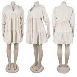 Solid color V-neck Puff Sleeve Pleated Dress GTYZ-7578