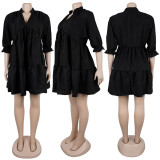 Solid color V-neck Puff Sleeve Pleated Dress GTYZ-7578