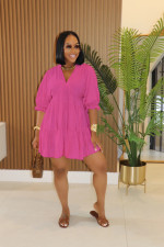 Solid color V-neck Puff Sleeve Pleated Dress GTYZ-7578