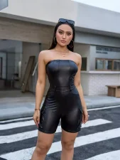 Sexy Wrap Chest PU Leather Romper GXBQ-1141837