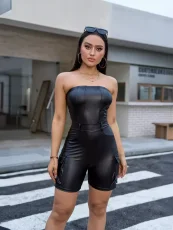Sexy Wrap Chest PU Leather Romper GXBQ-1141837