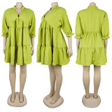 Solid color V-neck Puff Sleeve Pleated Dress GTYZ-7578