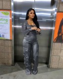 Long Sleeve Tight PU Leather Jumpsuit GXBQ-1141836