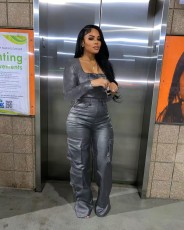 Long Sleeve Tight PU Leather Jumpsuit GXBQ-1141836