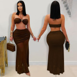 Sexy Wrap Chest Pleated Mesh Two Piece Skirts Set BY-7456