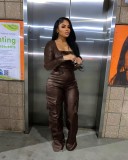 Long Sleeve Tight PU Leather Jumpsuit GXBQ-1141836