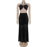 Sexy Wrap Chest Pleated Mesh Two Piece Skirts Set BY-7456