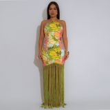 Print Backlesss Tassel Long Dress GTYZ-7581