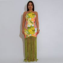 Print Backlesss Tassel Long Dress GTYZ-7581