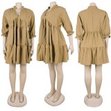 Solid color V-neck Puff Sleeve Pleated Dress GTYZ-7578