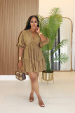 Solid color V-neck Puff Sleeve Pleated Dress GTYZ-7578