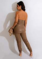 Off Shoulder PU Leather Tube Tops Jumpsuit GXBQ-1141824