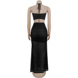 Sexy Wrap Chest Pleated Mesh Two Piece Skirts Set BY-7456