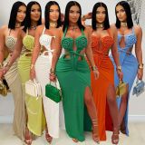 Halterneck Hollow Out Sexy Slit Maxi Dress GTYZ-7575