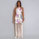 Print Backlesss Tassel Long Dress GTYZ-7581