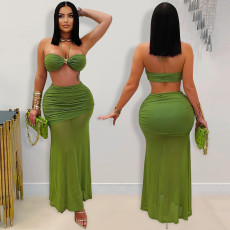 Sexy Wrap Chest Pleated Mesh Two Piece Skirts Set BY-7456