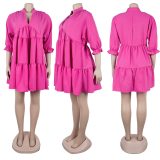 Solid color V-neck Puff Sleeve Pleated Dress GTYZ-7578