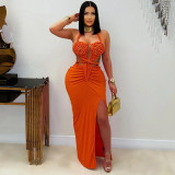 Halterneck Hollow Out Sexy Slit Maxi Dress GTYZ-7575