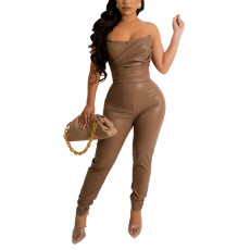 Off Shoulder PU Leather Tube Tops Jumpsuit GXBQ-1141824