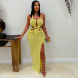Halterneck Hollow Out Sexy Slit Maxi Dress GTYZ-7575