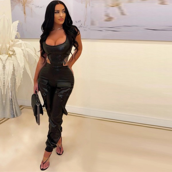 Sleeveless U Neck Faux Leather Pants Suit GXBQ-ABQPME2156