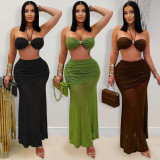 Sexy Wrap Chest Pleated Mesh Two Piece Skirts Set BY-7456
