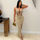 Halterneck Hollow Out Sexy Slit Maxi Dress GTYZ-7575