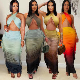 Gradient Print Wrap Chest Pleated Two-piece Skirts Set GTYZ-7571