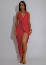 Deep V Neck Pleated Long Dress GTYZ-7577