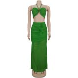 Sexy Wrap Chest Pleated Mesh Two Piece Skirts Set BY-7456