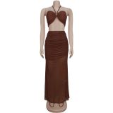 Sexy Wrap Chest Pleated Mesh Two Piece Skirts Set BY-7456