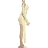 Solid Color Long Sleeve Pleated Mini Dress Suit(With Silk Scarf) DLSF-K25S74947