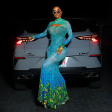 Print Hollow Out Sexy Fishtail Dress DLSF-K25D76944