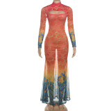 Print Hollow Out Sexy Fishtail Dress DLSF-K25D76944
