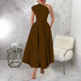 Sleeveless Slash Neck Solid Maxi Dress YF-20011