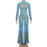Print Hollow Out Sexy Fishtail Dress DLSF-K25D76944