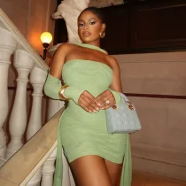 Solid Color Long Sleeve Pleated Mini Dress Suit(With Silk Scarf) DLSF-K25S74947