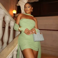 Solid Color Long Sleeve Pleated Mini Dress Suit(With Silk Scarf) DLSF-K25S74947