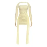 Solid Color Long Sleeve Pleated Mini Dress Suit(With Silk Scarf) DLSF-K25S74947