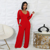 Long Sleeve Solid Color Tops+Jumpsuit 2 Piece Set YF-10794