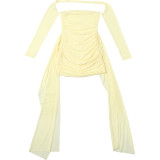 Solid Color Long Sleeve Pleated Mini Dress Suit(With Silk Scarf) DLSF-K25S74947