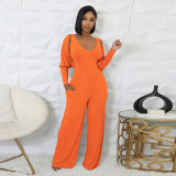 Long Sleeve Solid Color Tops+Jumpsuit 2 Piece Set YF-10794