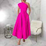 Sleeveless Slash Neck Solid Maxi Dress YF-20011